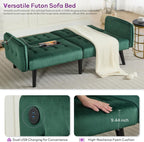 TYBOATLE 65" W Velvet Modern Convertible Folding Futon Couch Sofa Bed w/ 2 USB Charging Ports and arms, Loveseat for Living Room, Office, Apartment, Bedroom (Green)
