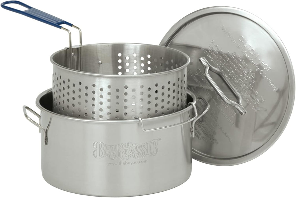 Bayou Classic 1150 14-qt Stainless Fry Pot Features Heavy Welded Handle Stainless Lid and Stainless Perforated Basket w/ Cool Touch Handle Perfect For Frying Fish Shrimp or Hushpuppies,Silver