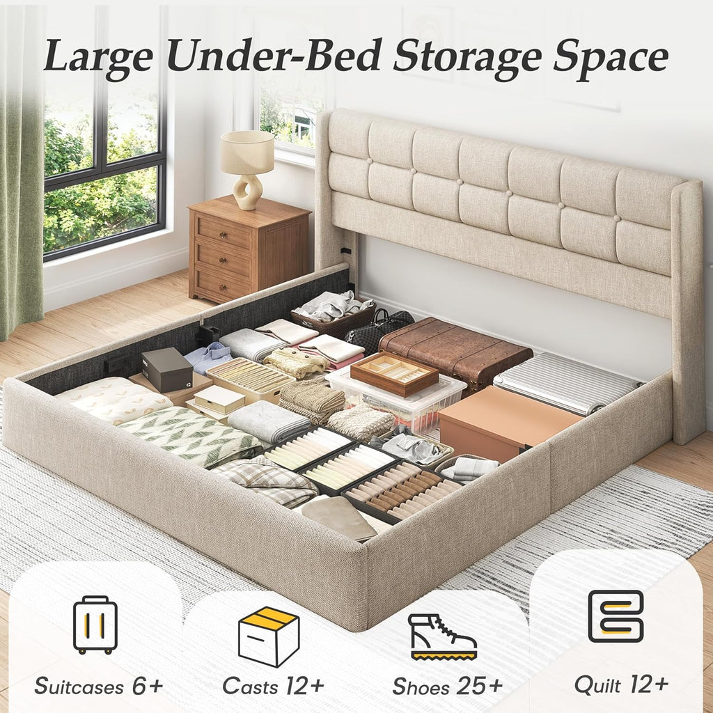 Lifezone King Size Lift Up Storage Bed Frame, Linen Upholstered King Platform with Button Tufted Wingback Headboard and Under-Bed Storage, Hydraulic Support, No Box Spring Needed, Noise Free, Beige