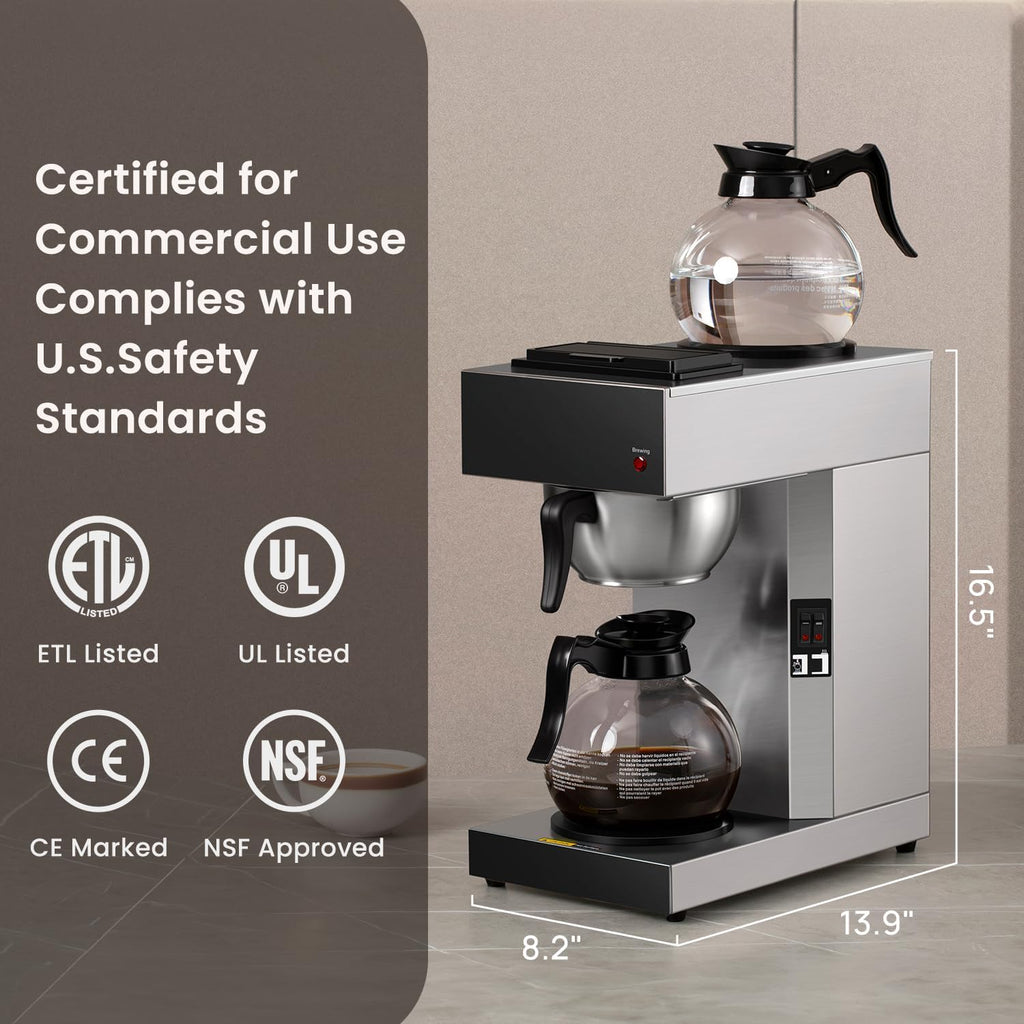SYBO 12-Cup Commercial Drip Coffee Maker, Pour Over Coffee Maker Brewer with 2 Glass Carafes and Warmers, Stainless Steel Cafetera SF-CB-2GA