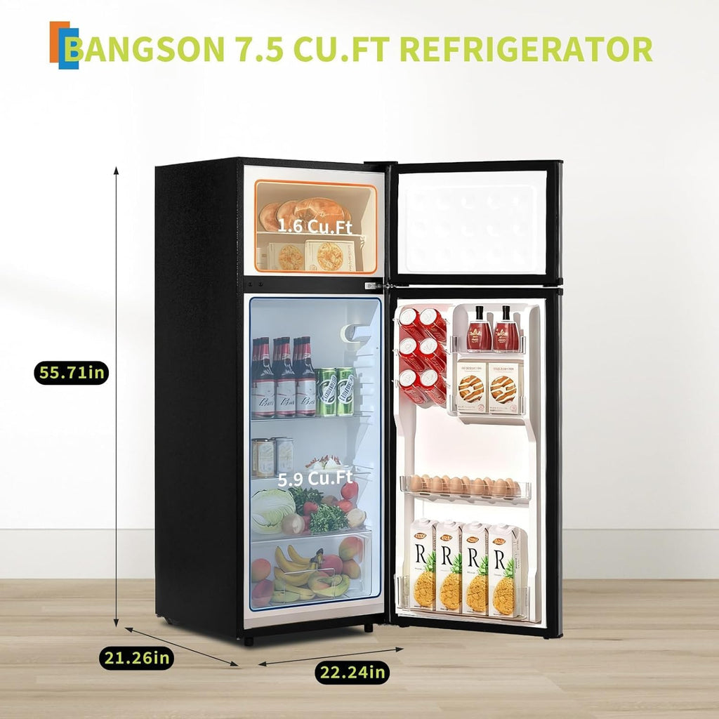 7.5 Cu.Ft Refrigerator with Freezer, 2 Door Fridge, 7 Settings Temperature Adjustable, Large Capacity, Food Storage or Cooling drinks,for Dorm, Office, Bedroom, Kitchen, Bar Use