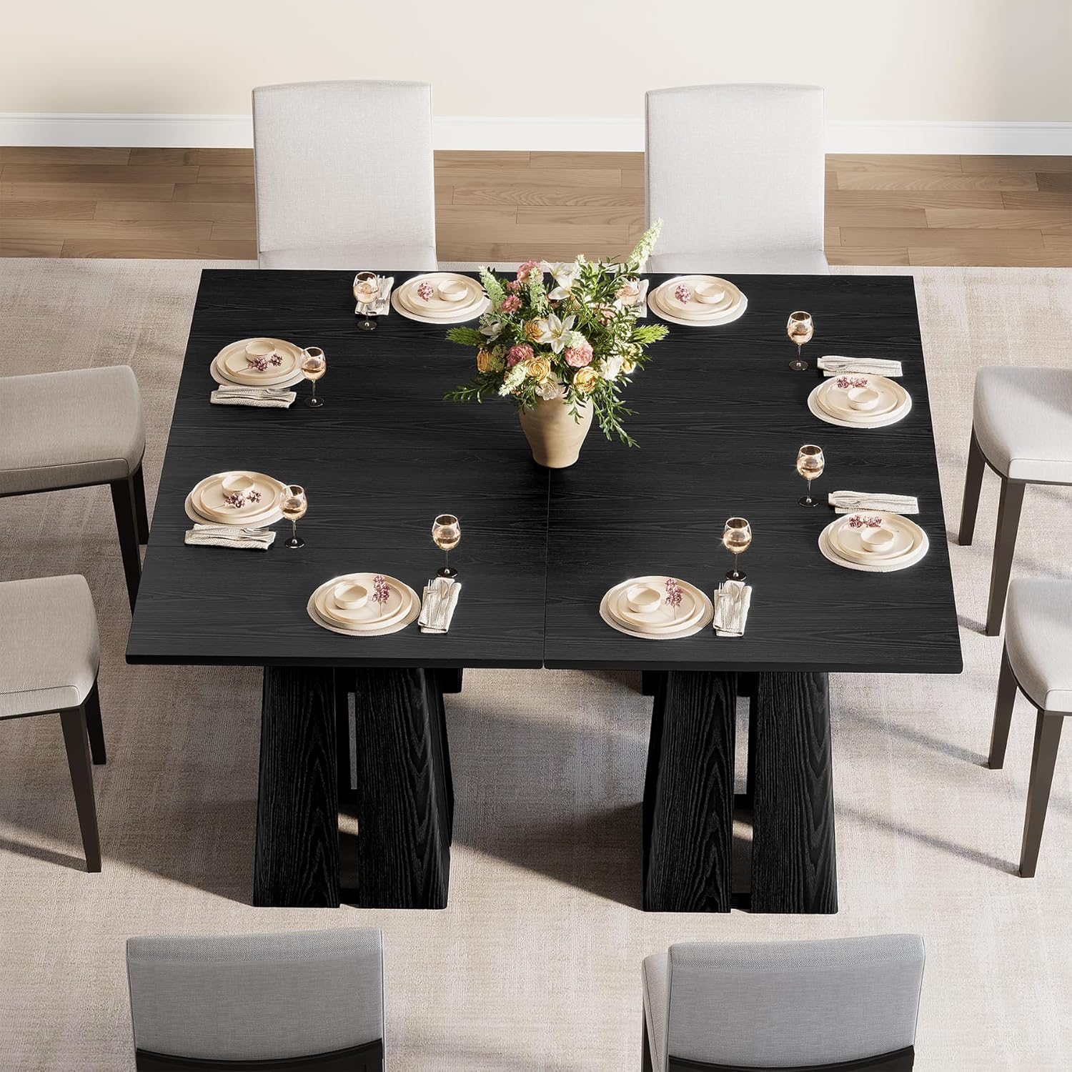 LITTLE TREE Wooden Square Dining Table 4 Sets, 31.5" Farmhouse Kitchen Table with Heavy-Duty Pedestal Base, Dinner Furniture for Dining Room, Living Room, Kitchen (1, Black)