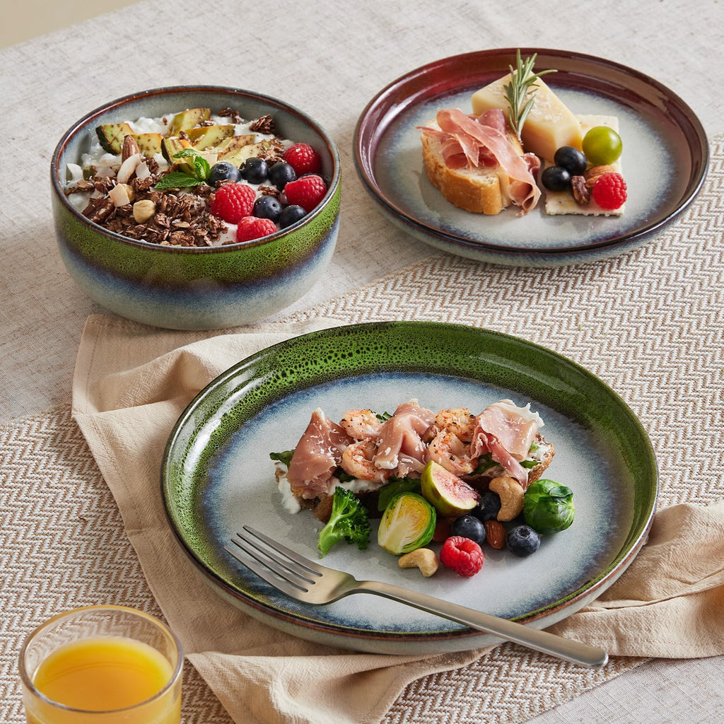 KINGSTONE Stoneware Dinnerware Sets for 4, 12-Piece Reactive Glaze Plates and Bowls Sets, Scratch-Resistant Rustic Ceramic Dish Set for Home Kitchen, Microwave and Dishwasher Safe, Kiln-Fired Red