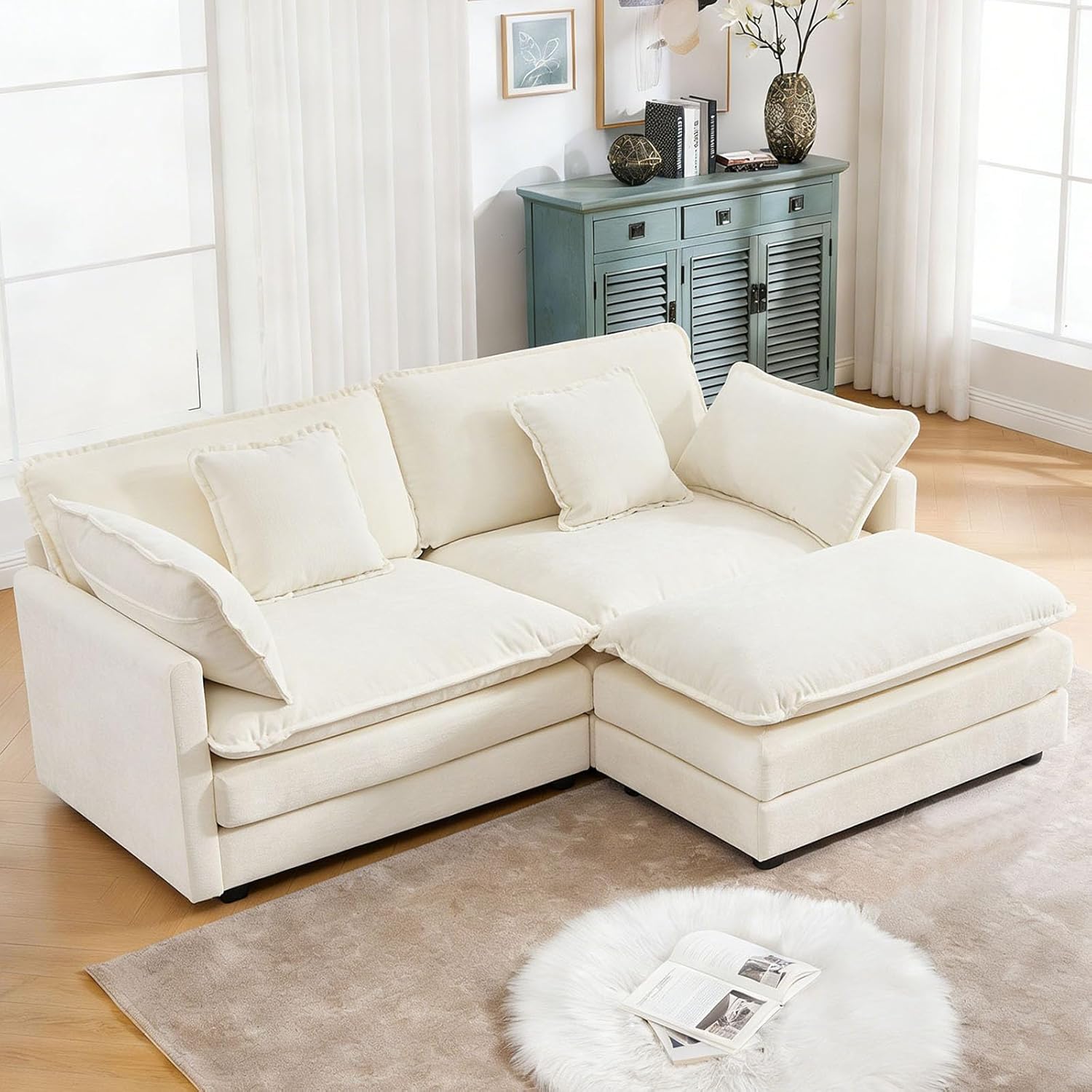 GNIXUU 76.7" Beige L Shaped Comfy Chenille Modular Cloud Sofa, Modern 2 Seater Couch with Movable Ottoman, Deep Seat Sofa with 4 Pillows for Living Room Apartment Small Places