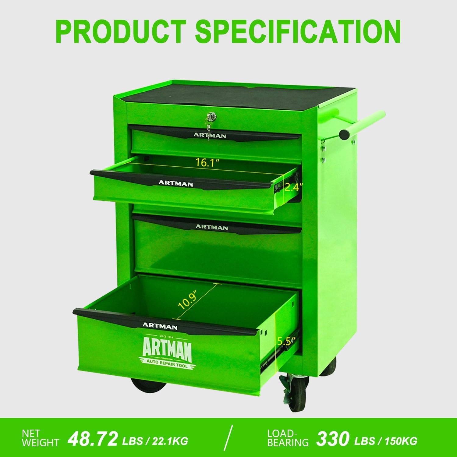 5 Drawers Tool Cart on Wheels, Multifunctional Rolling Tool Chest, Drawers Mobile Trolley Organizer Heavy Duty Tools Box with Locking Wheels & Ball Bearing Drawers (Green, 5 Drawers)