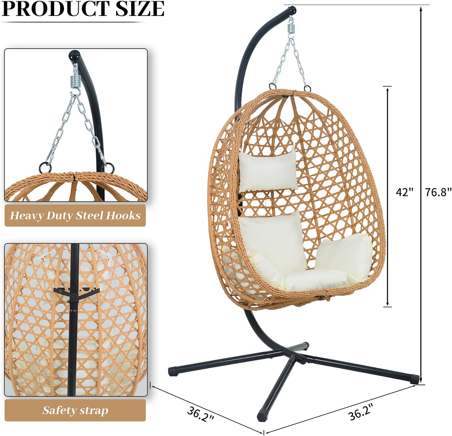 EortheX Hanging Egg Chair with Cushions – Comfortable Rattan Swing Chair with Stand for Patio, Garden, or Balcony – Stylish and Relaxing Outdoor Lounge Chair, 350LBS Capacity Indoor Outdoor (Beige)