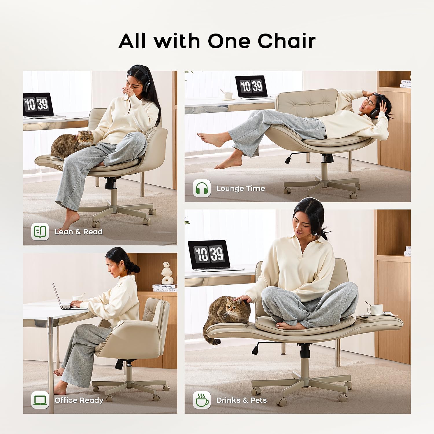 amseatec Criss Cross Chair with Armrests & Wheels, PU Leather Vanity Chair, Comfortable Adjustable Swivel Computer Office Desk Chairs for Home, Make Up, Bed Room (Cream)