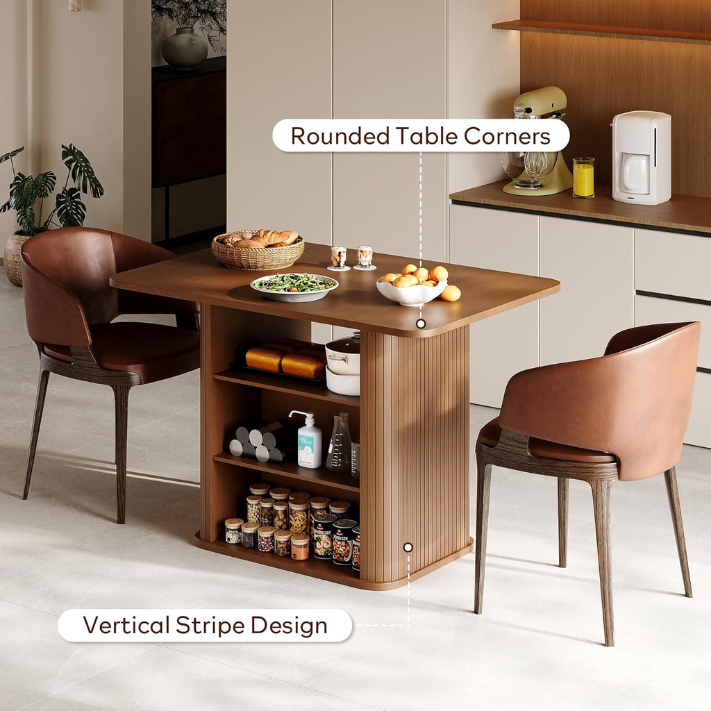 FUQARHY Dining Table for 4, Small Rectangular Kitchen Table for 2 with 3-Tier Storage Shelf, Farmhouse Modern Fluted Wood Table (Walnut)