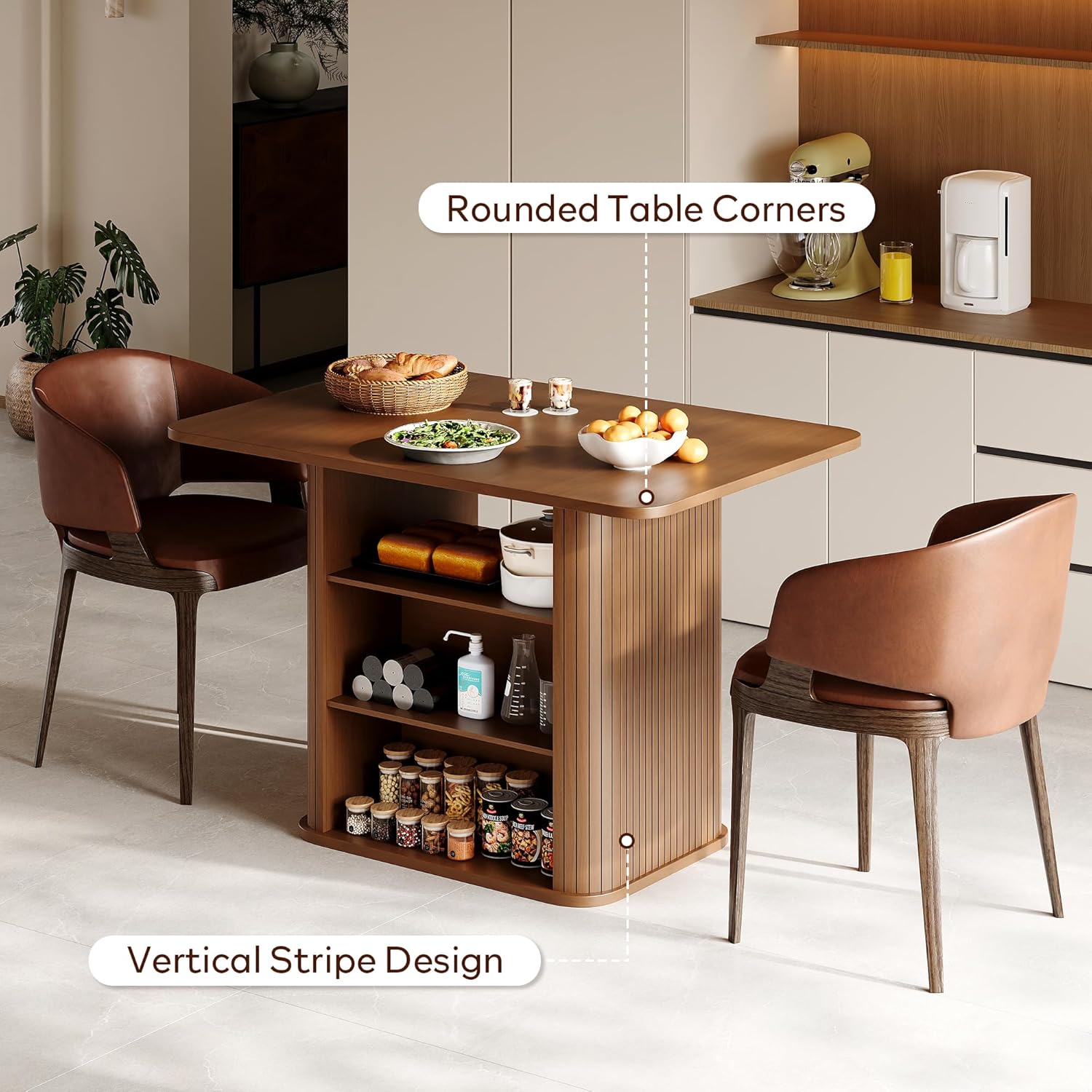 FUQARHY Dining Table for 4, Small Rectangular Kitchen Table for 2 with 3-Tier Storage Shelf, Farmhouse Modern Fluted Wood Table (Walnut)