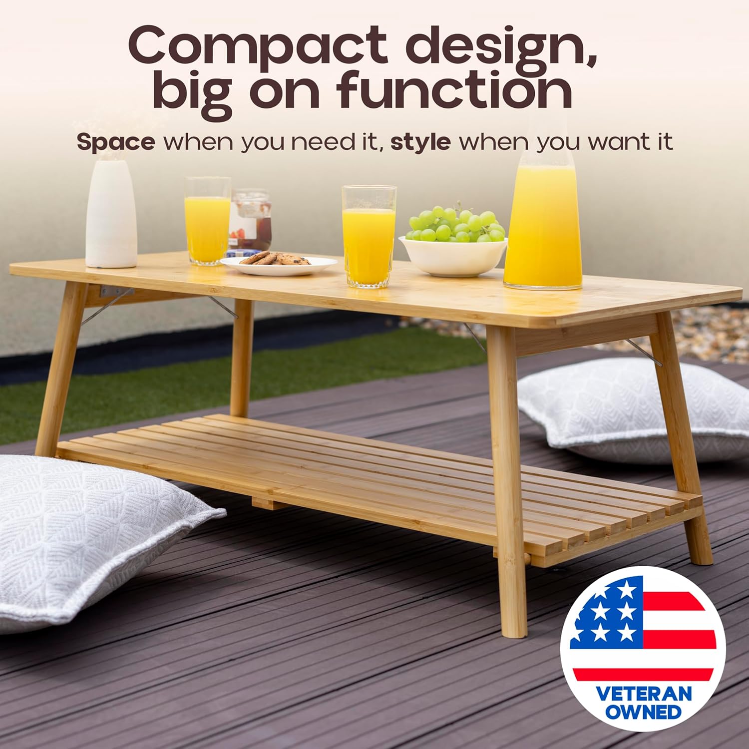 TelTopia Compact Folding Coffee Table – Foldable Collapsible Bamboo Table for Small Living Rooms, Apartments & Dorms – Portable with Removable Shelf & Bag
