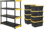 CX Black & Yellow 4-Tier Heavy Duty Storage Shelves and 8 Heavy Duty Storage Bins with Lids, 4 Shelves that Support up to 200lbs/shelf + 27 Gallon Containers (8-Pack), Organization and Storage