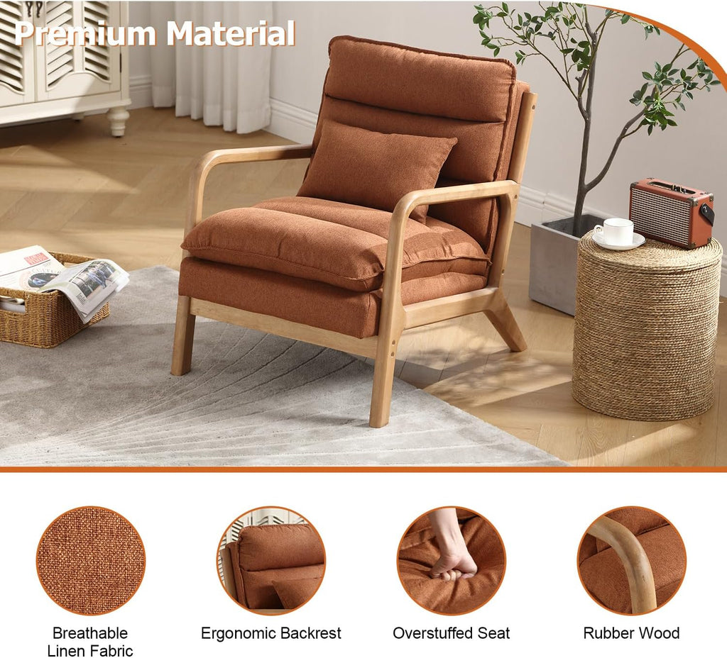 INZOY Accent Chairs Set of 2, Mid Century Modern Accent Chair with Wood Frame, Upholstered Reading Armchair with Waist Cushion, Side Chair for Living Room Bedroom Office, Easy Assembly, Brown