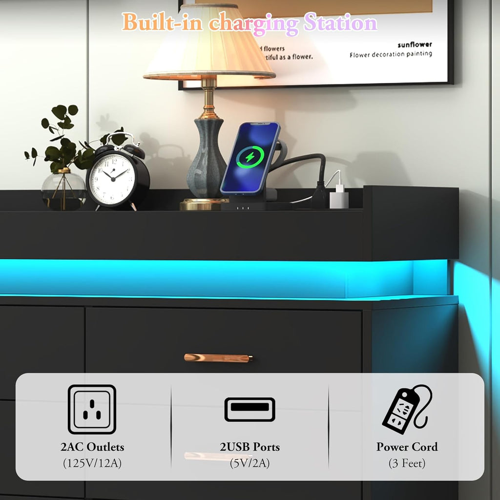 16 Drawer Dresser with LED Light and Charging Station, Modern Chest of Drawers for Closet, Wide Drawer Organizer Cabinet, Living Room, Entryway, Hallway, Black