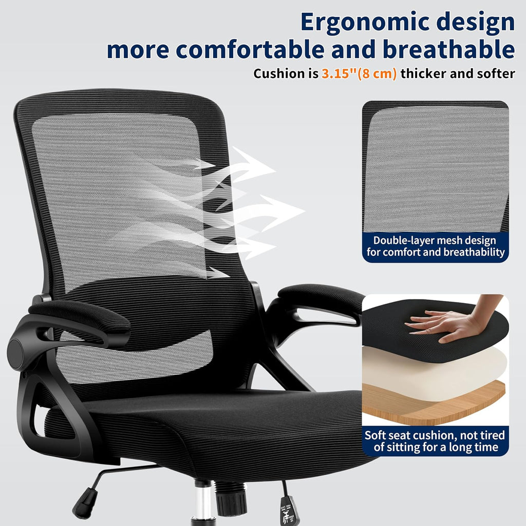 Ergonomic Office Chair, Desk Chair with Adjustable Lumbar Support, Breathable Mesh Comfy Computer Chairs with Flip-up Armrests Executive Task Chair for Adults Home Office(Black)
