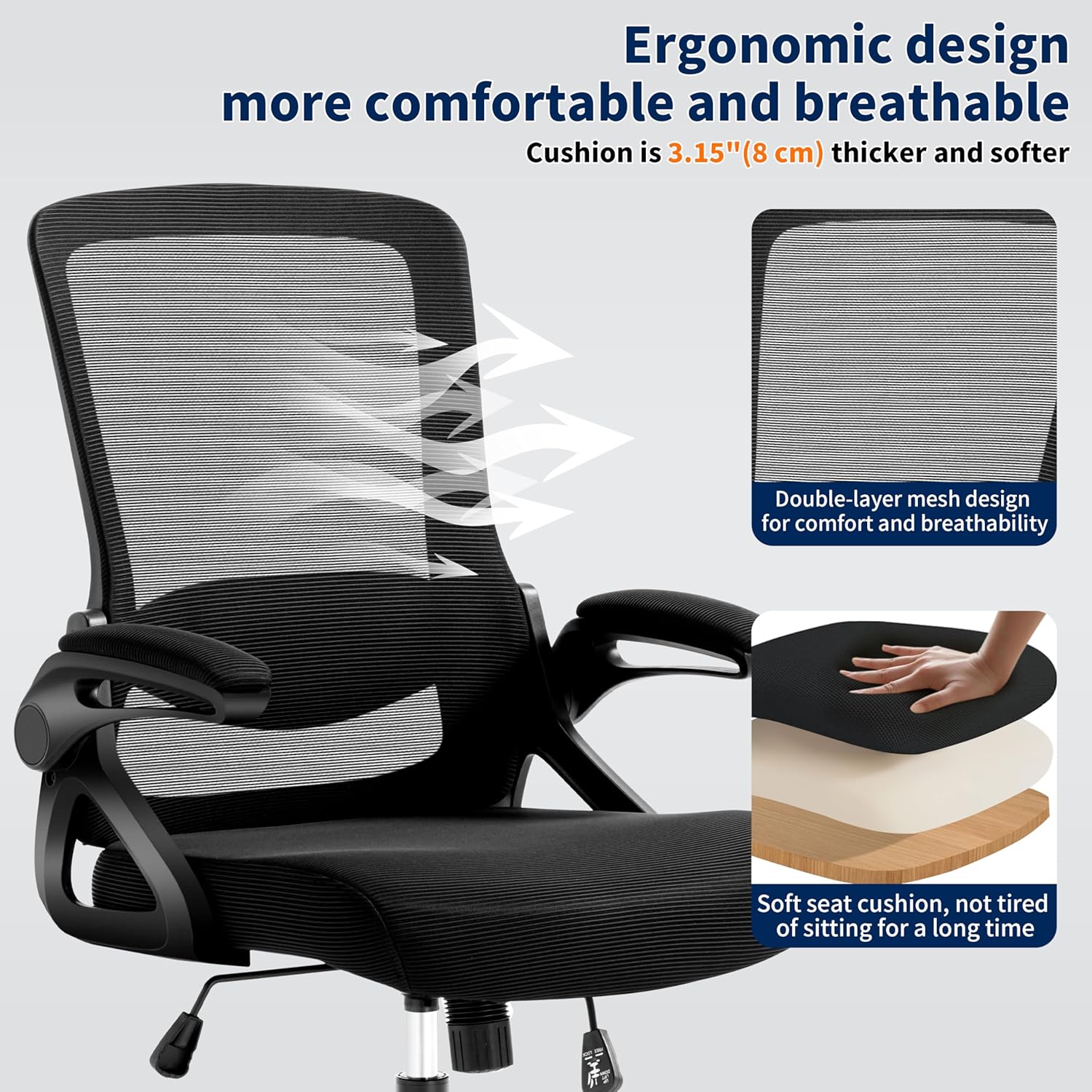 Ergonomic Office Chair, Desk Chair with Adjustable Lumbar Support, Breathable Mesh Comfy Computer Chairs with Flip-up Armrests Executive Task Chair for Adults Home Office(Black)
