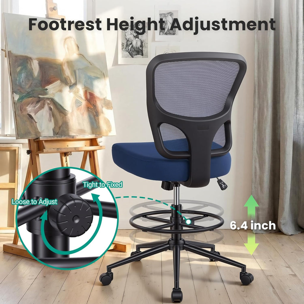 Armless Drafting Chair Tall Office Chair for Standing Desk - Adjustable Height Mesh Ergonomic Drafting Stool with Foot Ring & Wheels, Rolling Counter Height Computer Chair for Home Office
