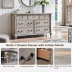 T4TREAM Farmhouse 7 Drawers Dresser Chests for Bedroom w/ 4 Column Solid Wood Feet, Tall Wide Wood Country Rustic Chest of Drawers, Storage Dressers for Bedroom, Living Room, Light Rustic Oak