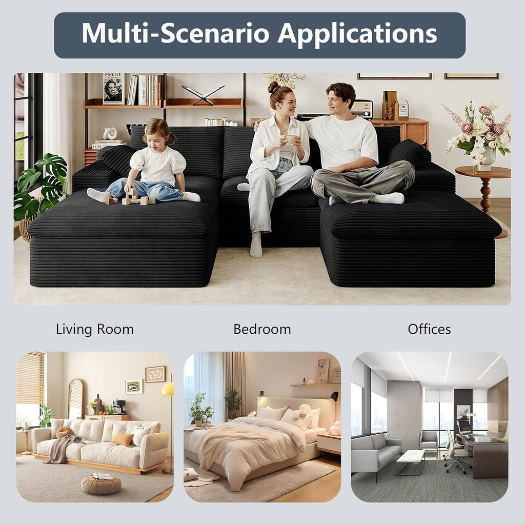 107" Cloud Couch Modular Sectional Sofa for Living Room, U-Shape Boneless Couch with Deep Seat, Modern Upholstered Corduroy 3-Seater with Ottoman, No Assembly Required (Black,Left-Facing Chaise)