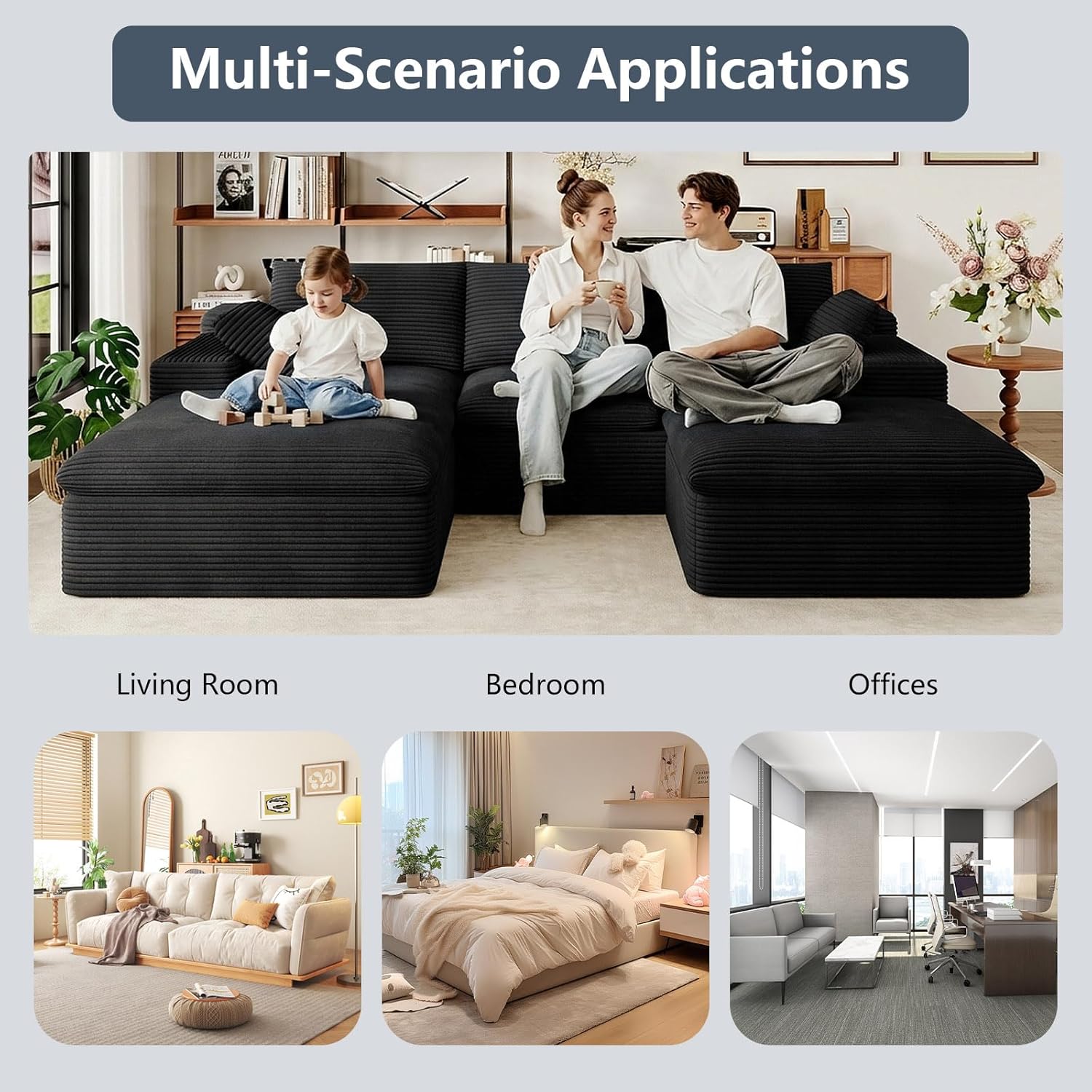107" Cloud Couch Modular Sectional Sofa for Living Room, U-Shape Boneless Couch with Deep Seat, Modern Upholstered Corduroy 3-Seater with Ottoman, No Assembly Required (Black,Left-Facing Chaise)