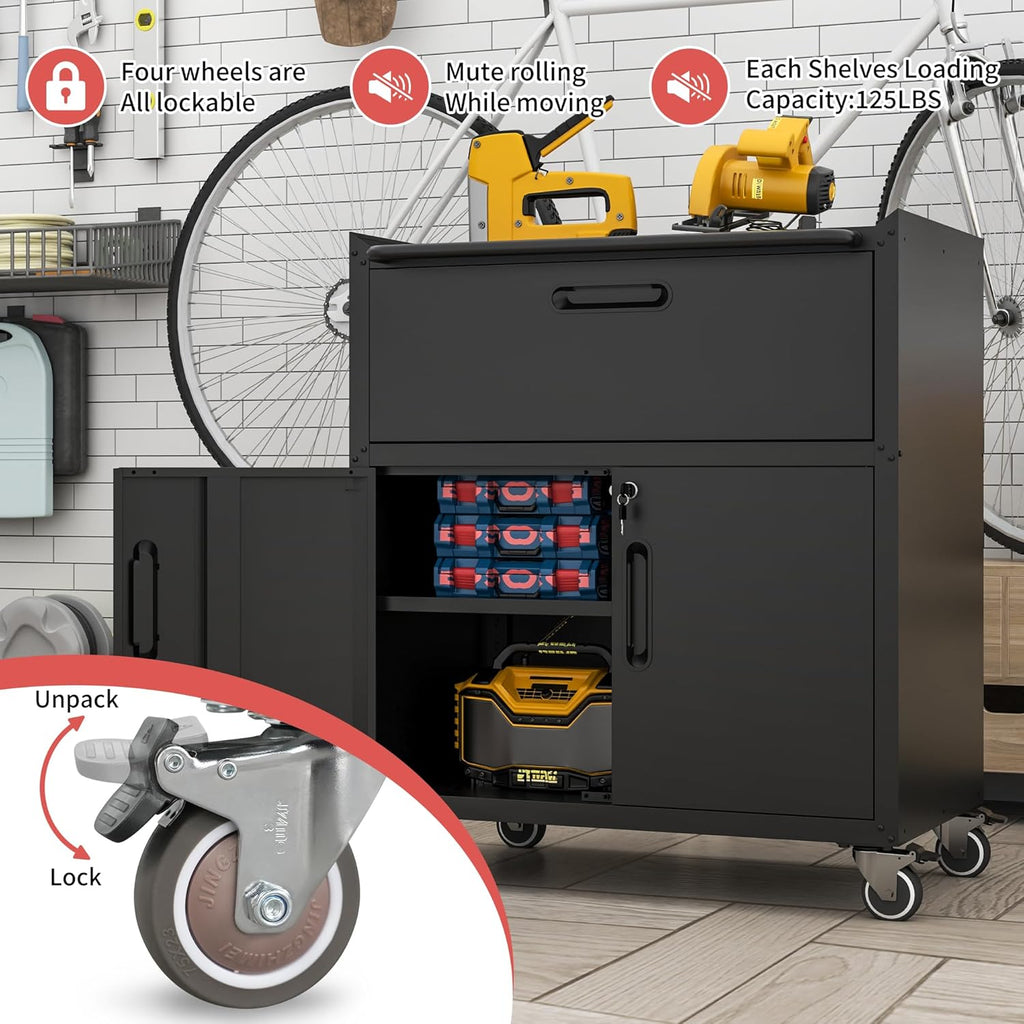 Metal Mobile Tool Storage Cabinet with Wheels,Black Heavy Duty Rolling Tool Cabinets for Garage,Metal Storage Cabinets with 2 Locking Doors and 1 Drawer,Assembly Required