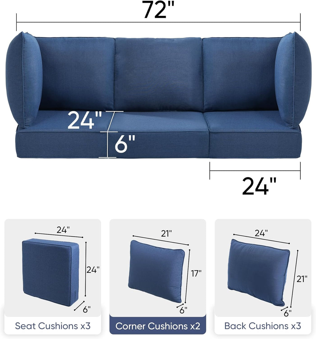 Luxury 24x24x6 Outdoor Couch Cushions Set of 3 - Water-Repellent 8-Piece Cushion Set for Outside Wicker 3-Seat Sofa Loveseat Chair Sectional Patio Conversation Sets - Navy Blue/Classic