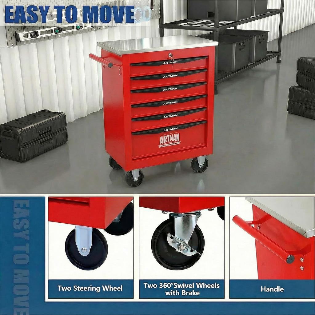 6-Drawer Rolling Tool Chest with Stainless Steel Countertop,Tool Chest with Secure Locking System,Mobile Storage Tool Cabinet with 360°Wheels and Padded Feet,for Home,Garage (Red)