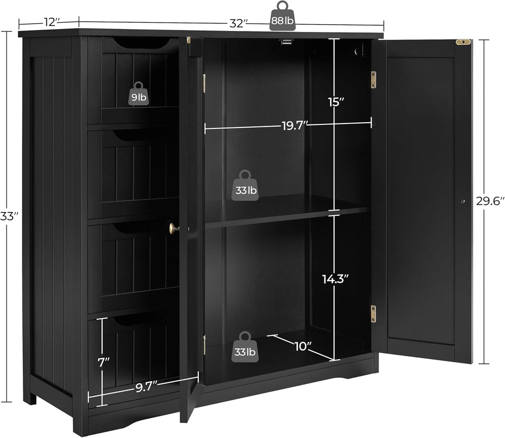 Yaheetech Wooden Bathroom Floor Cabinet, Side Storage Organizer Cabinet with 4 Drawers & Double Doors, Freestanding Entryway Storage Unit Console Table, Bathroom Furniture Home Decor, Black