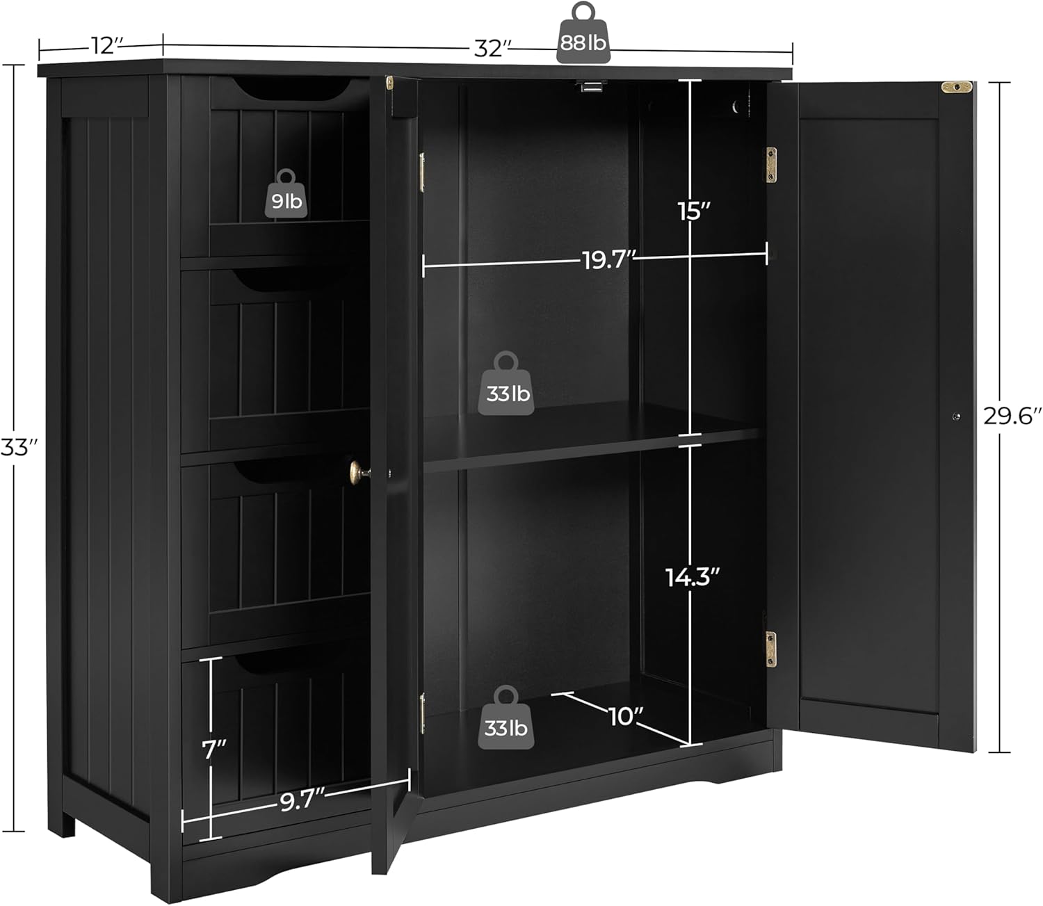 Yaheetech Wooden Bathroom Floor Cabinet, Side Storage Organizer Cabinet with 4 Drawers & Double Doors, Freestanding Entryway Storage Unit Console Table, Bathroom Furniture Home Decor, Black