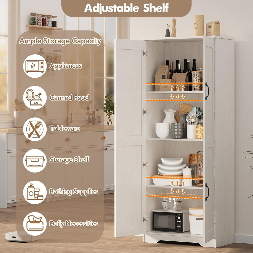 IDEALHOUSE Tall Pantry Cabinet, 60" Kitchen Pantry Storage Cabinet with 2 Doors and Adjustable Shelves, Freestanding Kitchen Cabinet, Cupboard for Dining Room, Bathroom (White)