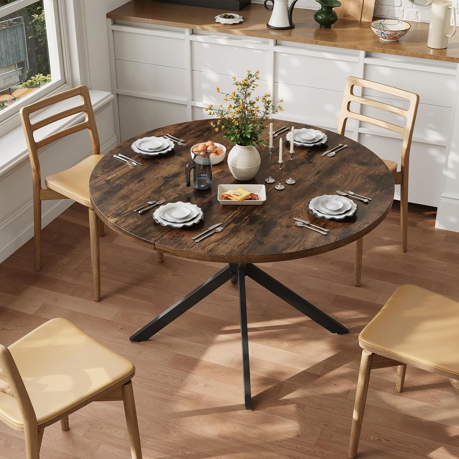 Vantic 47" Round Dining Table for 4-6 People, Farmhouse Wood Kitchen Table for Small Space,Circle Dining Table with Metal Base for Kitchen & Living Room, Rustic Brown