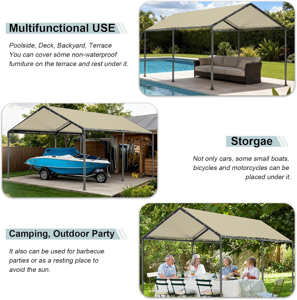 Carport 10x20ft Heavy Duty Car Tent, Portable Garage, Car Shelter, All-Season Tarp Tent for Car, Party，Beige