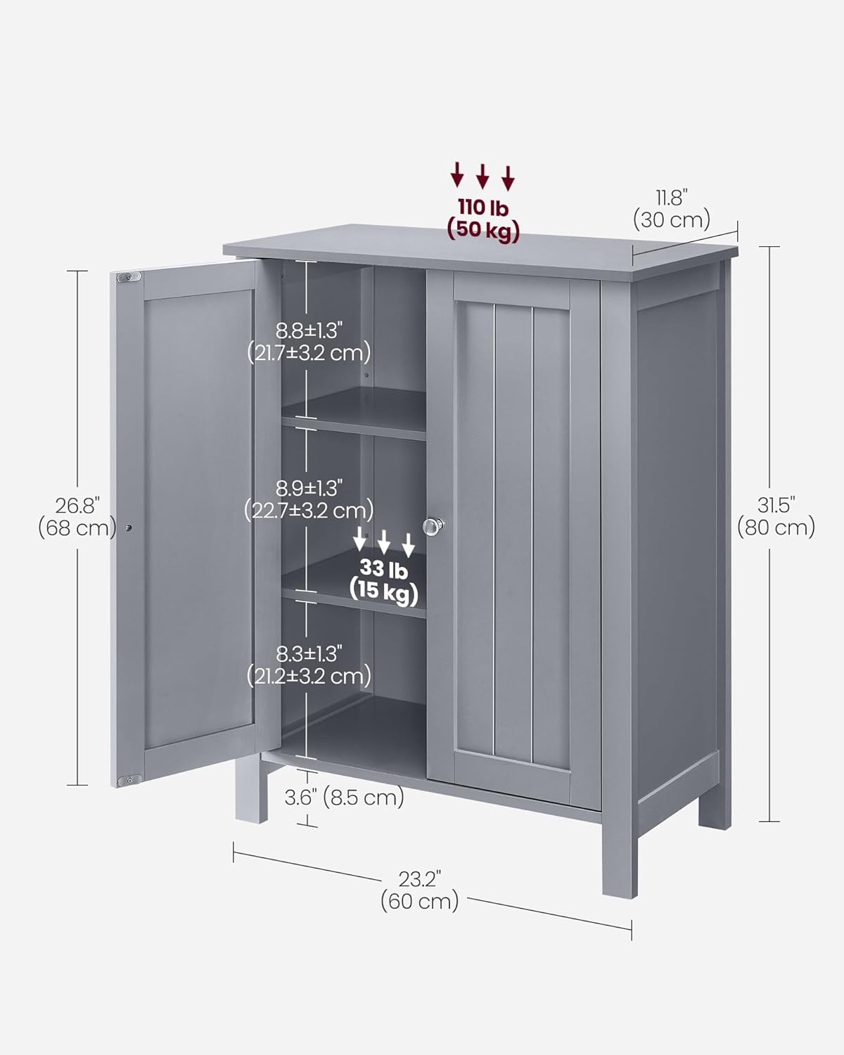 VASAGLE Bathroom Floor Storage Cabinet, Bathroom Storage Unit with 2 Adjustable Shelves, Bathroom Cabinet Freestanding, 11.8 x 23.6 x 31.5 Inches, Dove Gray UBCB060P36