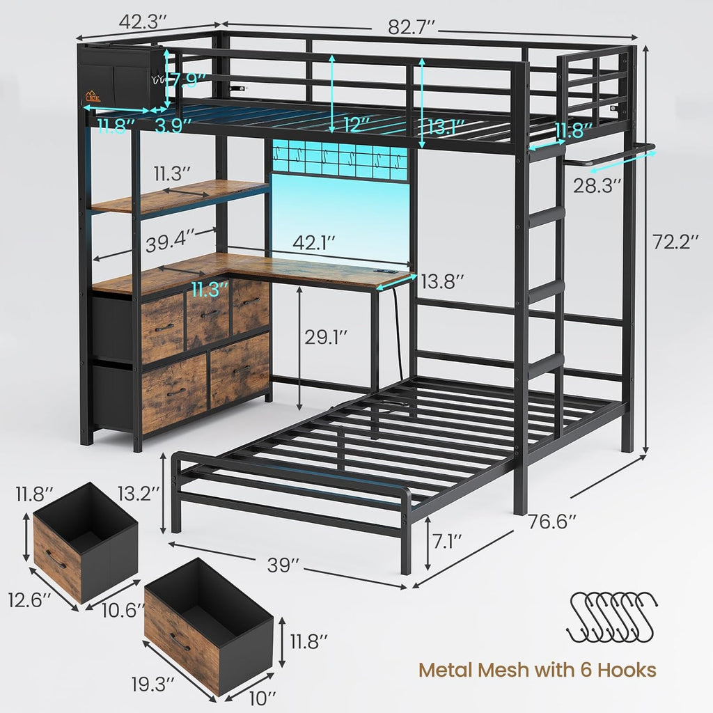 DICTAC Bunk Bed with L-Shaped Desk,5 Storage Drawers and 2 Shelves Metal Twin XL Over Twin Bunk Bed with LED Lights and Charging Station,bunk Beds with Safety Guardrail & Ladder,Space-Saving,Black
