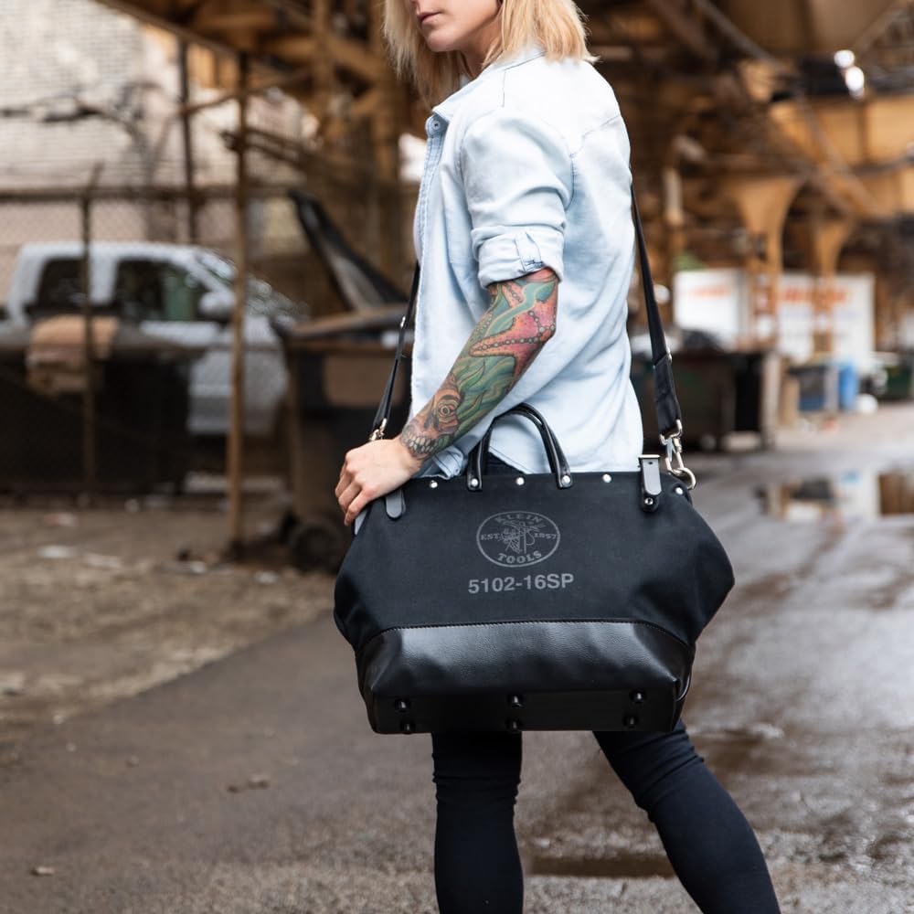 Klein Tools 510216SPBLK Tool Bag, Large 16-Inch Deluxe Canvas Tool Bag and Organizer with 13 Pockets and Shoulder Strap, Black