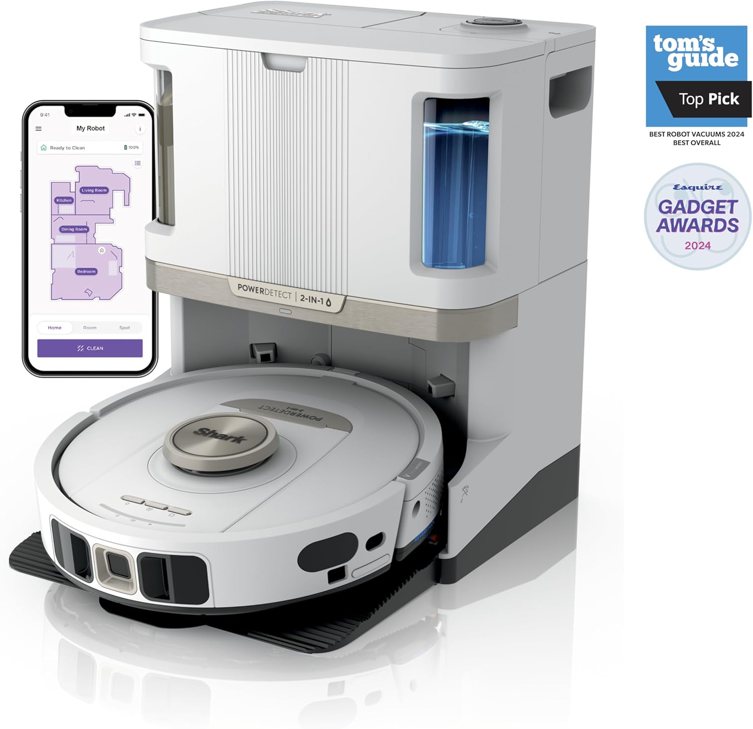 Shark Robot Vacuum & Mop Combo, PowerDetect NeverTouch Pro, Pad Wash & Dry, 60-Day Debris Capacity, 5PowerDetect Technologies,White,AV2800ZE, for Carpets & Hardfloors