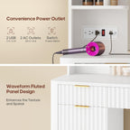 51.2" Fluted Makeup Vanity Desk with Large 30.3" Mirror and Lights, 5 Drawer Vanity with Power Strip, 6 Open Shelves, 2 Cabinet .Modern Dressing Table with Solid Wood Legs for Bedroom, White