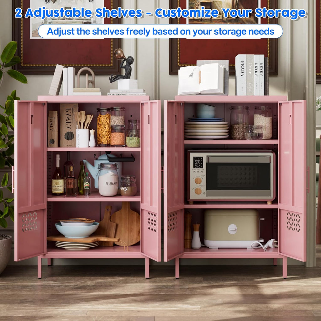 Metal Storage Cabinet with Adjustable Shelves,Metal Sideboard Cabinet with 2 Doors for Home,Office, 42" H x 26" W x 14" D,Assembly Required,Pink