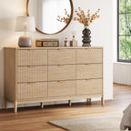 LINSY HOME Fluted Dresser for Bedroom with 9 Drawers, 58" Wide Mid Century Modern Dresser, Tall Boho Chest of Drawers, Large Wood Accent Storage Cabinet for Living Room, Curved Profile Design, Oak