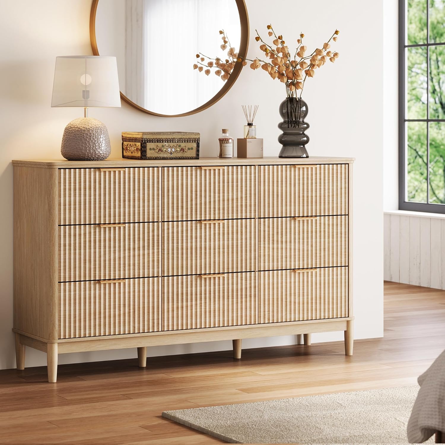 LINSY HOME Fluted Dresser for Bedroom with 9 Drawers, 58" Wide Mid Century Modern Dresser, Tall Boho Chest of Drawers, Large Wood Accent Storage Cabinet for Living Room, Curved Profile Design, Oak