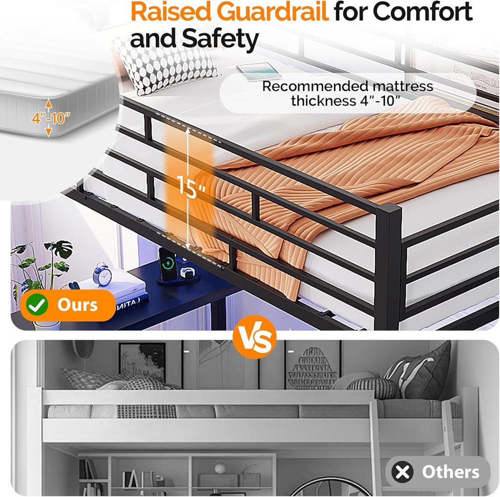 VINGLI Twin Loft Bed with Desk,15'' Extra High Safety Guardrail with 2 Charging Station,Heavy Duty Metal Loft Bed Frame with Staircase,LED Light, Kids/Teens/Adults,Black