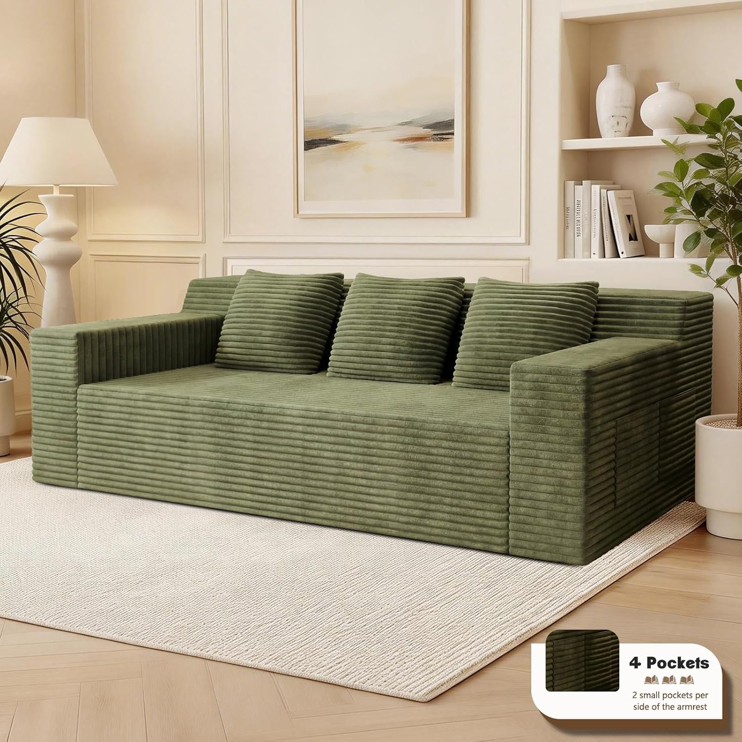 Kurhwyss 71" Corduroy Living Room Sofa, 3 Setaser Deep Seat Couch with 3 Lumbar Pillows, Comfy Boneless Sofa Modern Compressed Couch for Bedroom, Office, Apartment, No Assembly, Flat Armrests (Green)