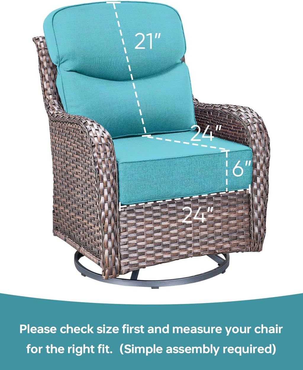 Luxury 24x24x6 Inch Smile Outdoor Cushions - 1 Set Deep Seat Water-Resistant Patio Furniture Replacement Cushion for Wicker Wood Metal Chair Glider Rocker Loveseat Sofa - Turquoise