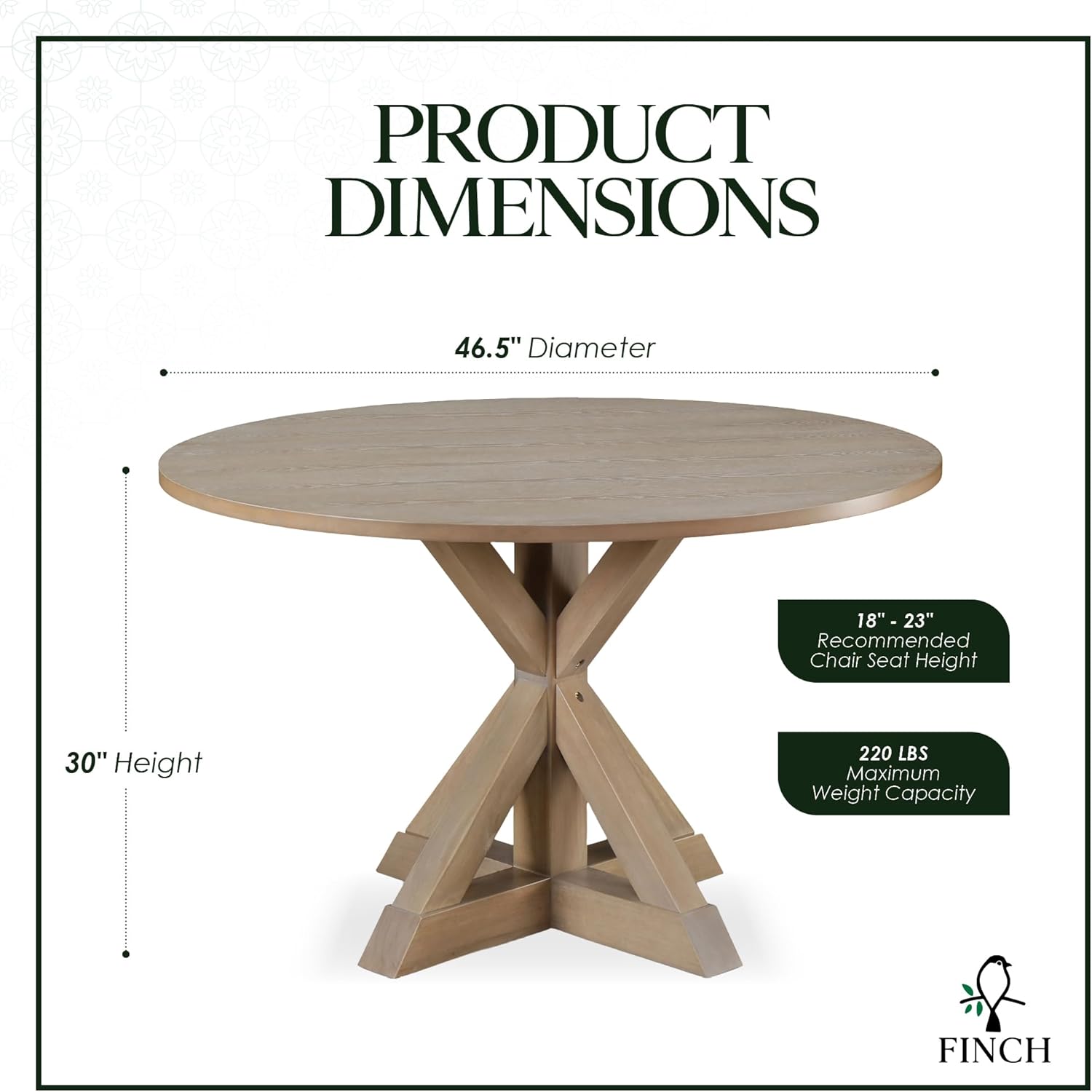 Alfred Solid Wood Round Dining Table for 4, Farmhouse Kitchen and Dining Room Table with Rustic Pedestal Trestle Base, 46.5 Inch, Distressed Beige