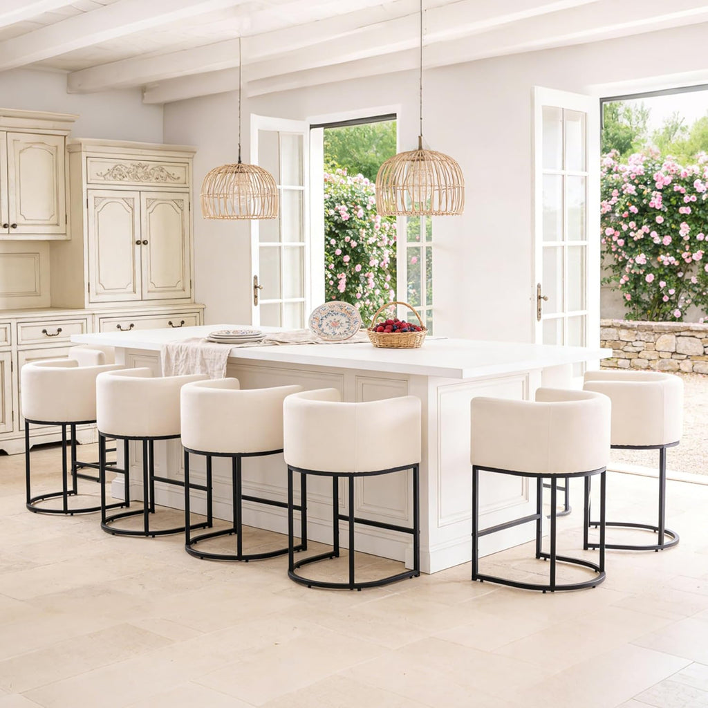 ClinQ 26" H Counter Height Bar Stools Set of 4, Modern Barrel Counter Stools with Backrest and Arms, Black Metal Frames,Linen Fabric Upholstered Accent Barstools for Kitchen Island,Beige
