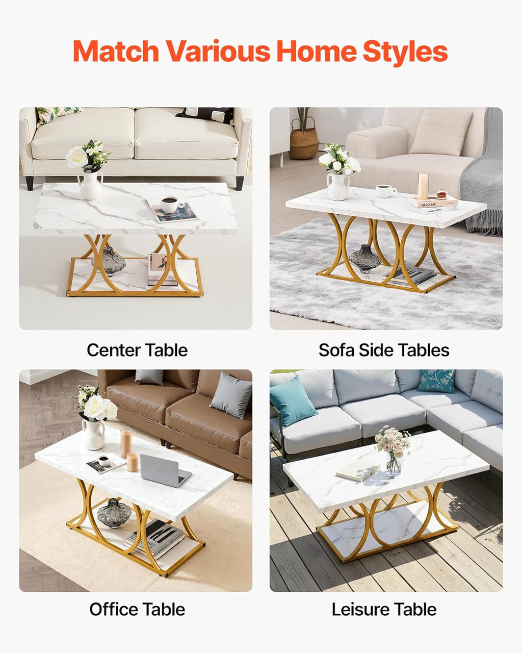 VEVOR Coffee Table, Modern Faux Marble Coffee Table, 2-Tier Rectangle Center Desk with Geometric Legs, Minimalist Sturdy Metal Frame Accent End Desk for Living Room, Office, Easy Assembly, White