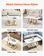 VEVOR Coffee Table, Modern Faux Marble Coffee Table, 2-Tier Rectangle Center Desk with Geometric Legs, Minimalist Sturdy Metal Frame Accent End Desk for Living Room, Office, Easy Assembly, White