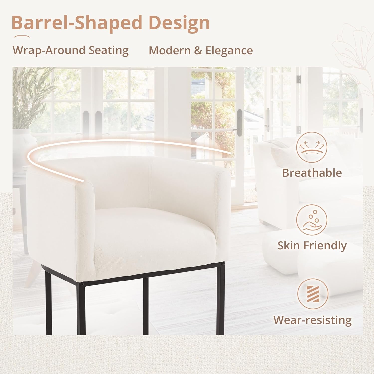 LUE BONA 27" H Counter Height Bar Stools Set of 3, Modern Barrel Counter Stools with Backrest and Arms, Black Metal Frames, Linen Fabric Upholstered Accent Barstools for Kitchen Island, Beige