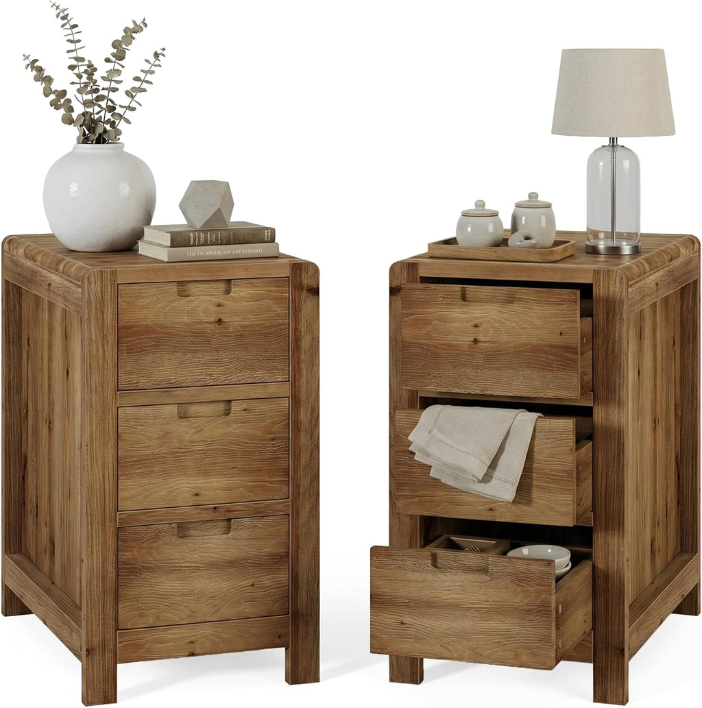 LITTLE TREE 3-Drawer Real Wood End Table Set 2, Narrow Side Table with Storage Drawers, Solid Wood Sofa Side Table for Living Room, Slim Nightstand Bedside Table for Bedroom, Natural Wood Color