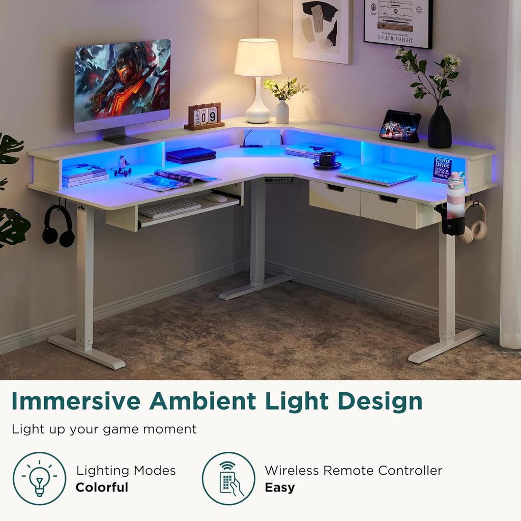 RedLemon Electric L Shaped Standing Desk, 60" Motor Height Adjustable Sit Stand Corner Desk with Led, Large Home Office Desk Computer Workstation, Antique White
