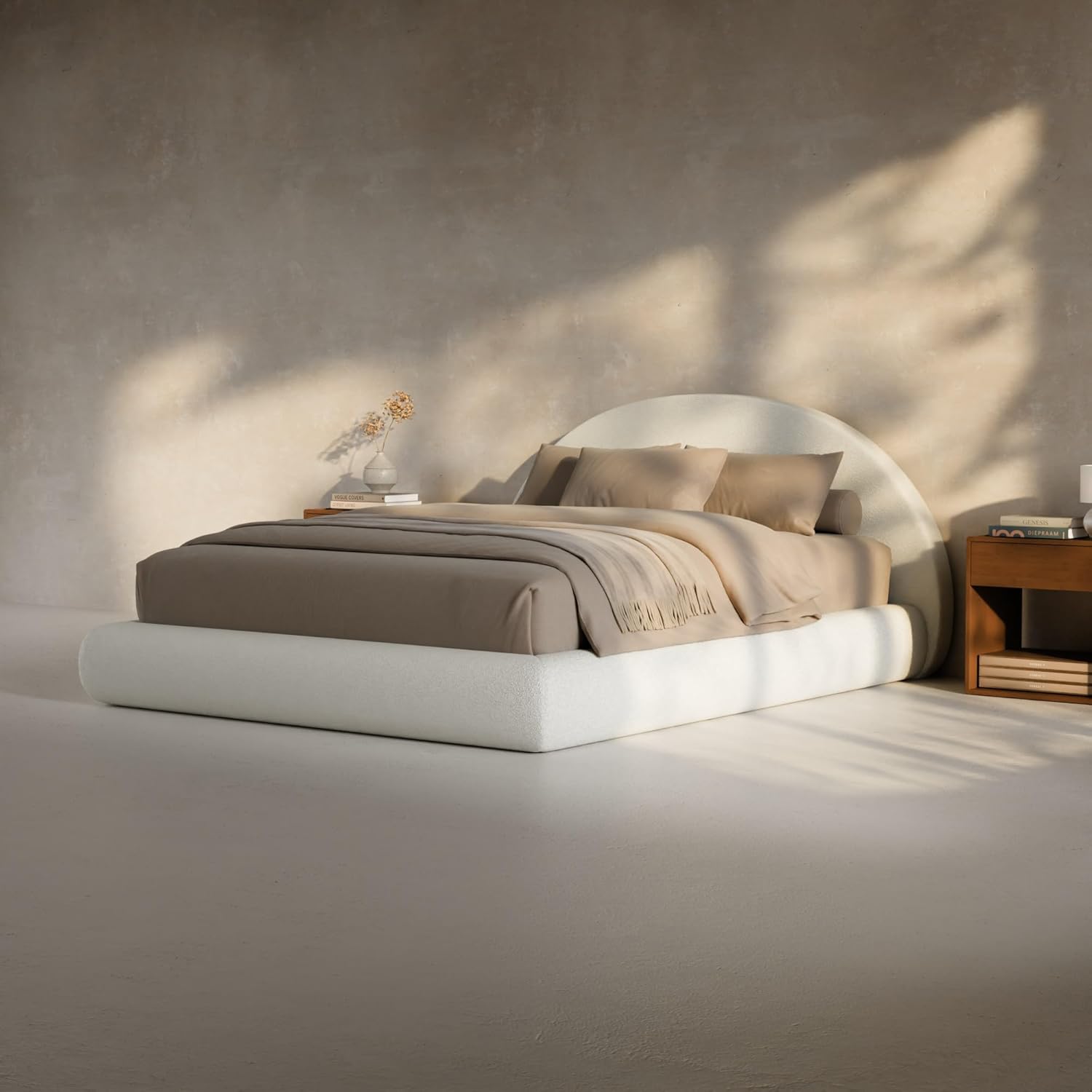 RECCI Half-Moon Upholstered Queen Platform Bed Frame, Velvet Curved Arched Base with Headboard, 5 Inch Fully Round Cushioned Foam, No Box Spring Needed, Easy Assembly | Round Shaped, Boucle, Low-profile, Soft